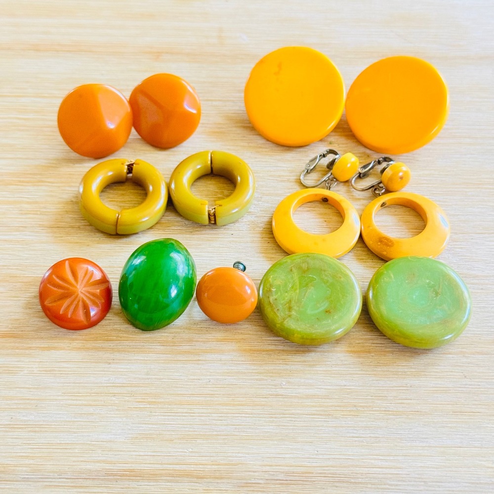 VTG Bakelite Lot Pairs Single Earring Earrings Tested Chunky Art Deco Estate